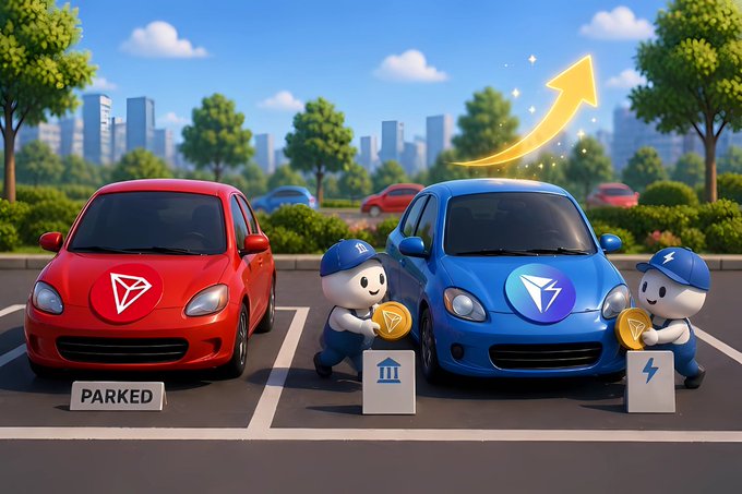 Stylized illustration comparing a red TRON (TRX) car marked 'PARKED' with a blue TON (Toncoin) car showing upward price growth, accompanied by cartoon mascots holding crypto coins.