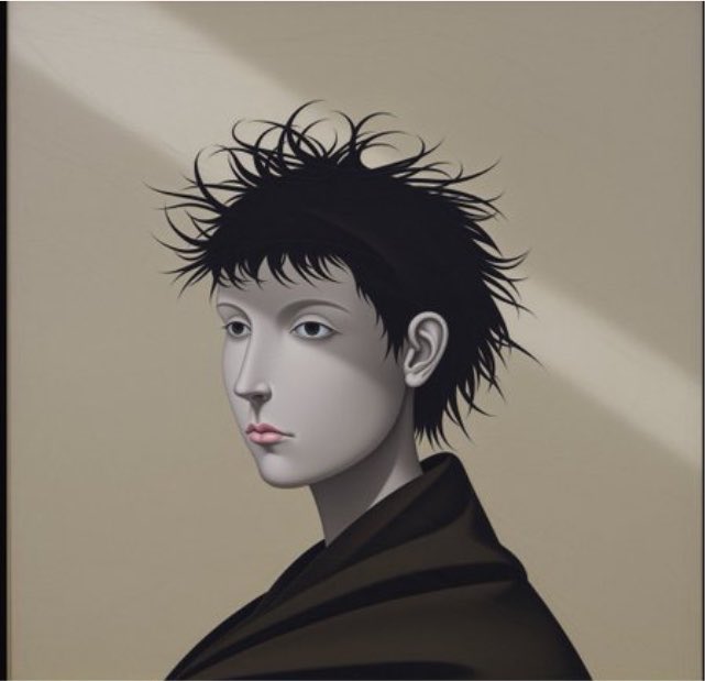 A stylized digital portrait of a pale-skinned youth with messy spiky black hair and dark eyes, wearing dark clothing against a muted beige background with light streaming across.