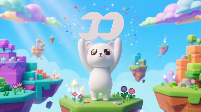 A colorful 3D promotional render for Dogecoin featuring a white cartoon Shiba Inu dog holding up a large silver Dogecoin symbol, set in a vibrant pastel landscape with floating islands and confetti, branded with the Dogecoin logo.