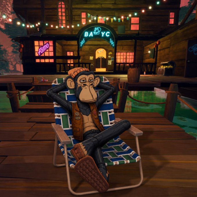 A 3D-rendered NFT-style image of a Bored Ape character relaxing in a striped beach chair in front of a wooden bar called 'BAYC' with string lights.
