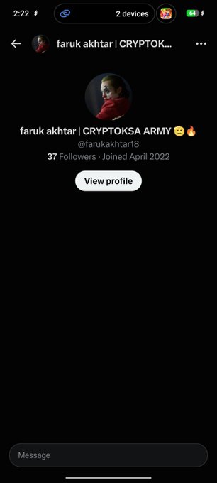 A social media profile for 'faruk akhtar | CRYPTOKSA ARMY' with 37 followers, joined April 2022.