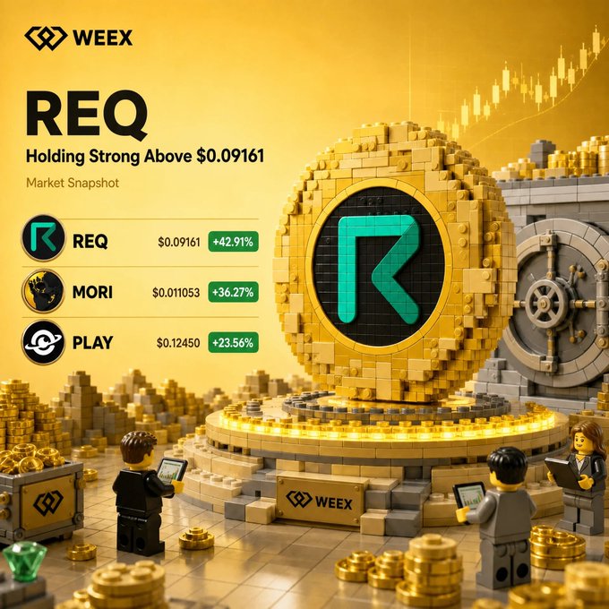 A cartoon graphic of two people looking at a gold coin with their hands near it, and the text "REQ" is displayed above them along with other text related to investing or cryptocurrency trends on a yellow background.