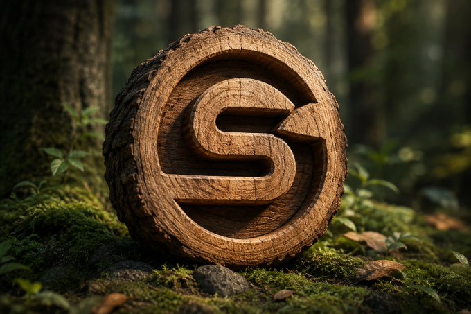 A wooden log carved with the letter "S" rests in a mossy forest setting, symbolizing the organic, foundational growth of Web3 projects like @Gensuki_ that prioritize becoming essential infrastructure rather than chasing users or partnerships.