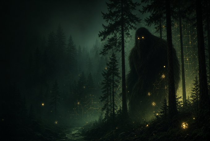 A dark, atmospheric forest scene features a tall, shadowy, fur-covered creature with glowing yellow eyes standing among tall pine trees, surrounded by floating golden sparks and geometric runic symbols.