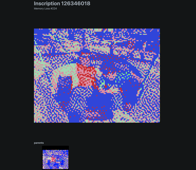 A digital art piece titled 'Inscription 126346018' and 'Memory Loss #224' showing a pixelated, glitch-art style portrait in blue and red tones with a smaller 'parents' thumbnail below.