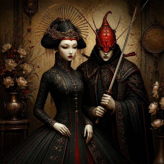A stylized dark fantasy illustration featuring a pale woman with an ornate golden crown and elaborate black gown standing beside a masked figure in red and black robes holding a sword.