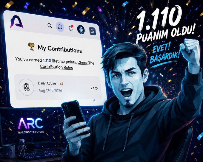 A promotional graphic for the ARC ecosystem featuring a stylized illustration of an excited man holding a phone, celebrating reaching 1,110 points with Turkish text 'EVET! BAŞARDIK!' and a Contributions dashboard screenshot.