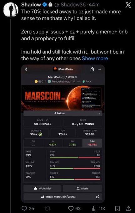 A screenshot of an X (Twitter) post by user "Shadow" discussing MarsCoin, with an attached image showing a meme-themed token swap for MarsCoin/WBNB with a price of $0.0002442.