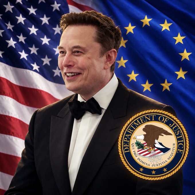A digitally edited image shows Elon Musk in a tuxedo, smiling in front of the American flag and EU flag, with a Department of Justice seal overlaid in the corner.