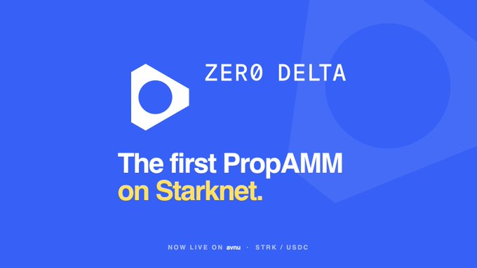 The image features a blue banner with white text that reads "Zero Delta" and "The first PropAMM on Starknet". The banner also includes a link to a video, which appears to be an advertisement for a product or service related to the PropAMM platform.