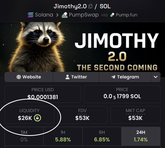 A cryptocurrency token page on PumpSwap shows 'Jimothy 2.0' with a price of $0.0001381 (0.0₅1799 SOL) and $26K liquidity highlighted by a white circle.