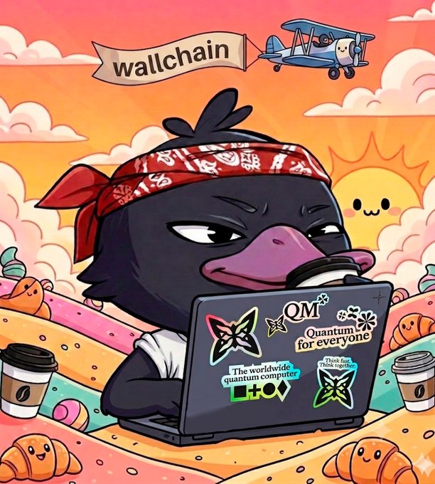 A cartoon illustration shows a black bird character wearing a red bandana working on a laptop covered in stickers including 'QM+', 'Quantum for everyone', and 'The worldwide quantum computer', with 'wallchain' on a banner above and a biplane flying in the sunset sky.