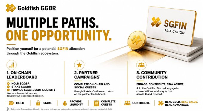 The image is a promotional graphic for Goldfish GGBR highlighting three ways to earn a potential $GFIN allocation: (1) On-Chain Leaderboard via holding/staking $GGBR or providing $GGBR/USDT liquidity, (2) Partner Campaigns through completing on-chain and social quests for StakeIsGold points, and (3) Community Contribution by engaging on Discord/X.

The post's caption about positioning for a $GFIN allocation through multiple paths aligns with the image's visual breakdown of the three participation tracks—on-chain activity, partner quests, and community engagement—within the Goldfish GGBR ecosystem.