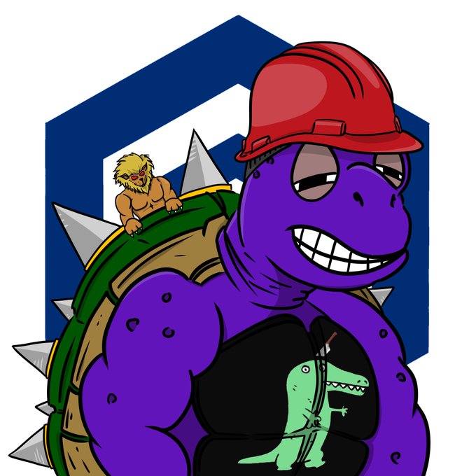 A cartoon illustration of a muscular purple dinosaur-like character wearing a red construction hard hat and a black tank top with a dinosaur graphic, with a lion character wearing sunglasses peeking over its spiky shell against a blue hexagonal background.