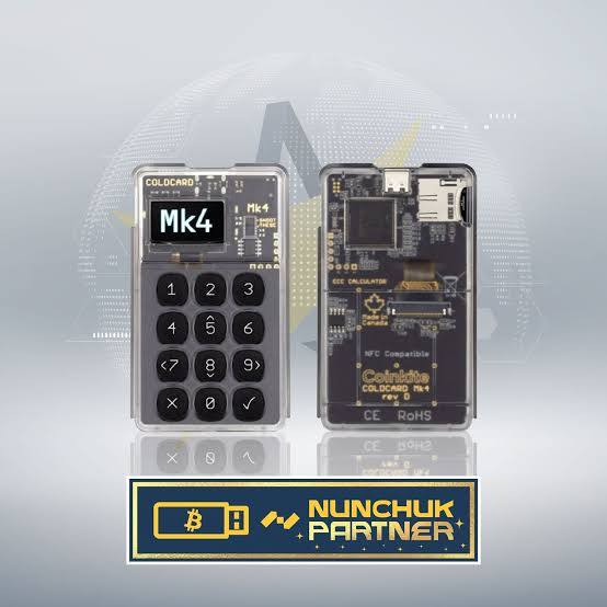 A product image of the 'COLD CARD Mk4' hardware wallet showing both the front keypad and the exposed circuit board, with a 'NUNCHUK PARTNER' badge displayed at the bottom.