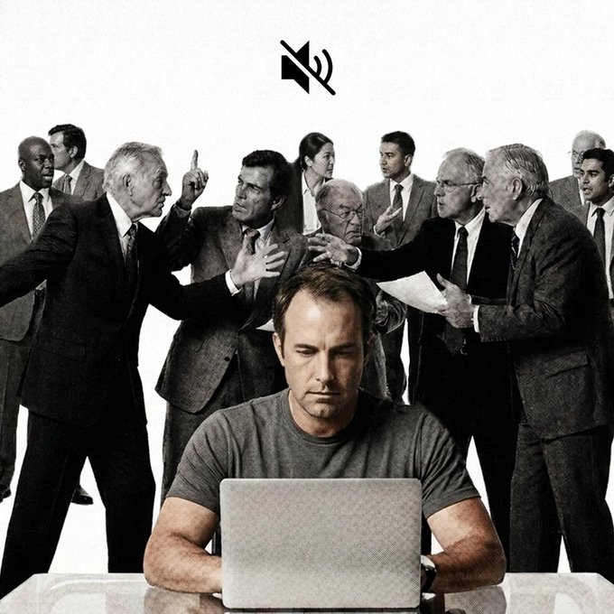 An illustration of a man working on a laptop while surrounded by arguing businessmen in suits, with a muted speaker icon above them.