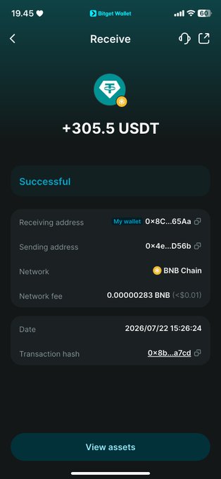 A Bitget Wallet screenshot showing a successful receipt of +305.5 USDT on BNB Chain, dated 2026/07/22 15:26:24.