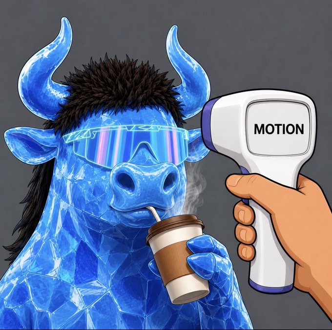 A digital illustration of a blue crystalline bull wearing futuristic rainbow-lensed sunglasses and a dark mane, sipping coffee from a cup while being scanned by a handheld device labeled "MOTION."