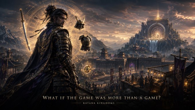 A fantasy video game promotional image featuring a samurai warrior overlooking a kingdom, with text reading 'WHAT IF THE GAME WAS MORE THAN A GAME? KATANA KINGDOMS.'