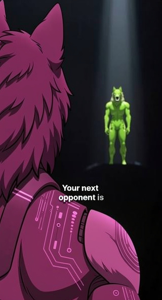 An animated image showing the back of a purple wolf-like character looking at a green wolf-like character standing in a spotlight, with the caption 'Your next opponent is'.
