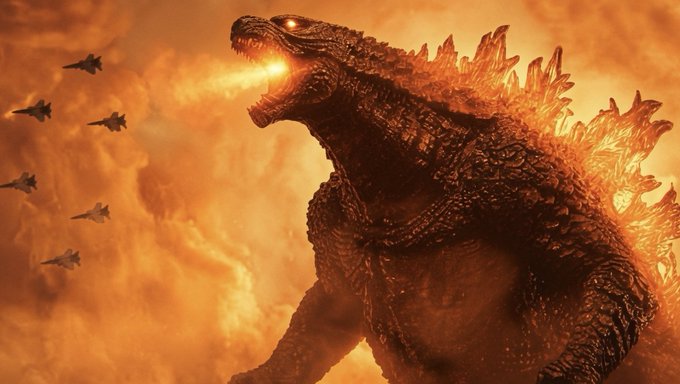 A giant reptilian monster resembling Godzilla roars with a glowing orange atomic breath, surrounded by flames and silhouetted fighter jets—matching the post's "Godzilla candle" metaphor suggesting a massive, explosive bullish move in the markets.