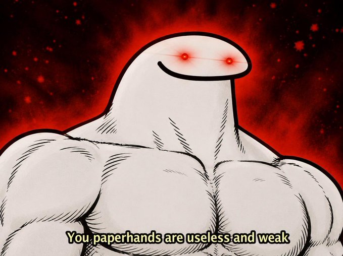 A muscular cartoon figure with glowing red eyes and a menacing grin is set against a dramatic red background, with the text "You paperhands are useless and weak" displayed at the bottom. The image relates to the post by mocking "paperhands" investors as weak, while hyping $flork as a powerful, inevitable breakout on BSC/BNB that will overwhelm doubters.