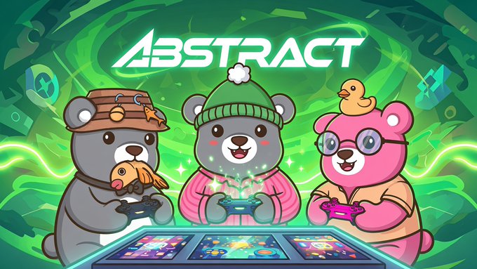 A colorful promotional image for 'ABSTRACT' featuring three cartoon bears—one gray with a wooden bucket hat, one in a green beanie playing a video game, and a pink one with glasses and a rubber duck on its head—holding game controllers.