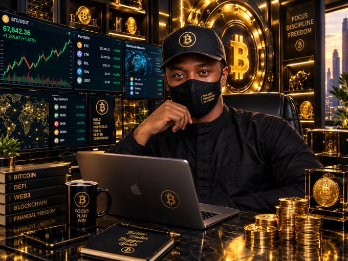 A person wearing a Bitcoin cap and a black mask sits at a desk with a Bitcoin-branded laptop, surrounded by cryptocurrency charts, books on Bitcoin/DeFi/Web3, and gold coins.