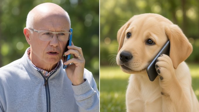 The image shows a side-by-side comparison of an older bald man wearing a gray jacket holding a blue smartphone to his ear with a concerned expression on the left, and an anthropomorphized Labrador puppy holding a black smartphone to its ear on the right. The split image humorously pairs with the dialogue, visually representing the two parties in the conversation—one appearing skeptical and the other overly enthusiastic about an investment pitch.