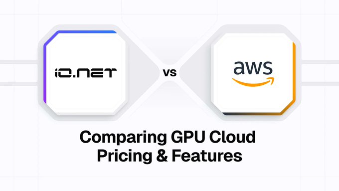 The image displays a comparison graphic featuring two octagonal badges—one with the "iO.NET" logo (in purple) and another with the "aws" logo (in orange)—separated by a "vs" label, with the heading "Comparing GPU Cloud Pricing & Features" below, visually representing the post's contrast between IO.NET's cheaper H100 pricing and AWS's more expensive cloud services.
