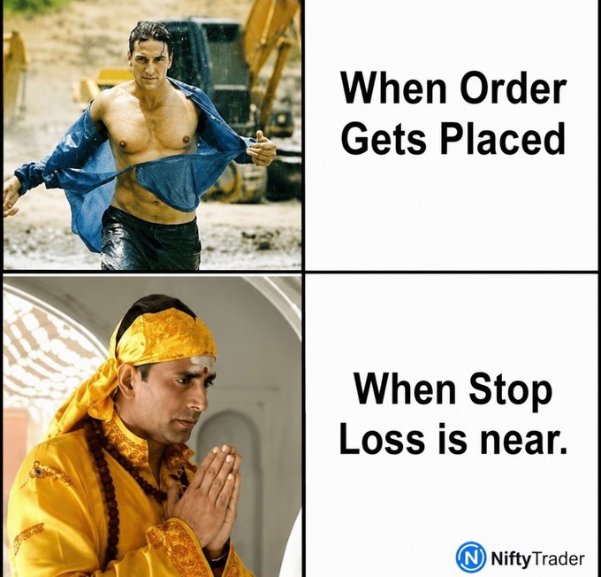 A two-panel meme with 'When Order Gets Placed' showing a man ripping open his shirt, and 'When Stop Loss is near' showing a man in yellow praying, branded with 'NiftyTrader'.