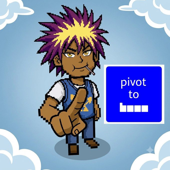 Pixel-art character with spiky purple and yellow hair giving a thumbs up next to a blue 'pivot to' meme image with censored text.