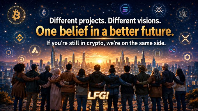 A crypto unity graphic showing diverse people silhouetted against a futuristic cityscape with various crypto logos (Bitcoin, Ethereum, Solana, XRP, Cardano, Polygon) and the text "Different projects. Different visions. One belief in a better future. If you're still in crypto, we're on the same side. LFG!"