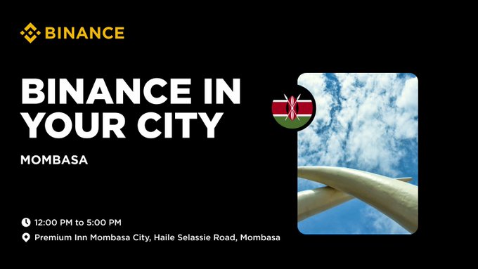 The image features a poster for an event at the Binance office, which appears to be a meetup or gathering of cryptocurrency enthusiasts. The poster includes information about the event's location, date, time, and the name of the event. It also highlights that there is a premium Inn in Mombasa City where attendees can stay during the event. The image does not contain any text or logos related to Bitcoin or Binance.