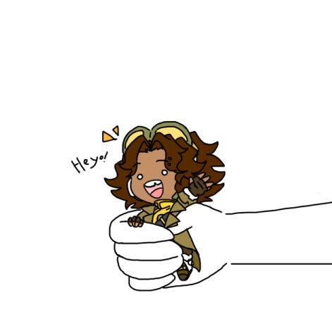 A cheerful cartoon character with brown curly hair and a yellow outfit is held in a giant white hand, cheerfully saying "Heyo!" — playfully illustrating the post's encouragement to "accept the #Venture" by being scooped up and embraced by an unseen, larger force.