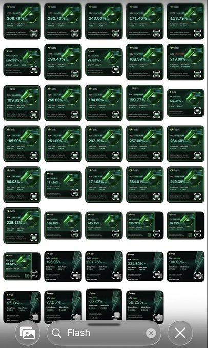 The image displays a grid of trading performance cards on FlashTrade, showing various profit/loss percentages ranging from positive returns like 334.50% to significant losses like 86.99%, with tickers including SOL, JTO, JUP, and others. This relates to the caption by showcasing the user's history on the platform, illustrating their personal journey of learning perpetual futures trading through FlashTrade before lamenting the platform's apparent decline.