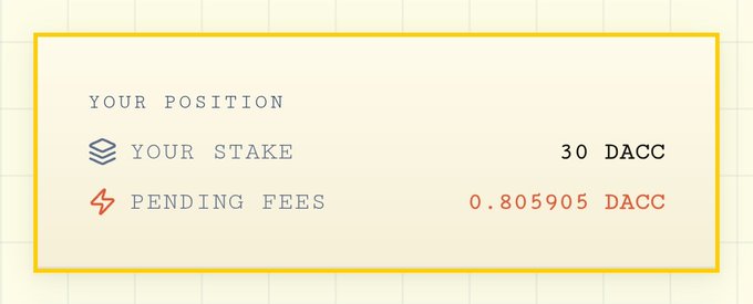 The image shows a screenshot of the account balance calculator from @dac_chain, which is used by cryptocurrency enthusiasts. It displays that someone has earned 0.8 DACC after staking 30 DACC for eight days at an interest rate of 0.1 DAC per day. The post suggests that if one prefers to burn their stake instead, they would need to wait 5 days before taking action and then burn all the stake amount.