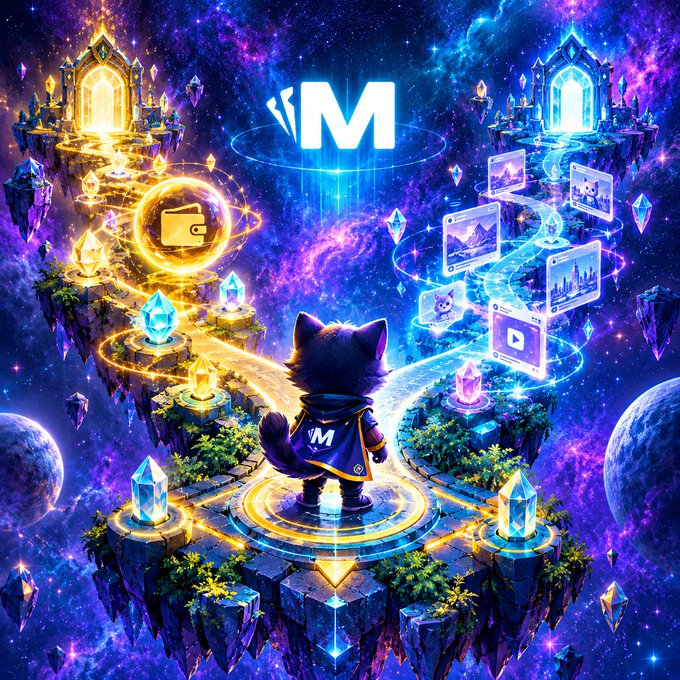 A fantasy digital artwork of a small cat character wearing a cape with an "M" logo, standing on floating platforms surrounded by glowing crystals, portals, and UI elements in a cosmic setting.