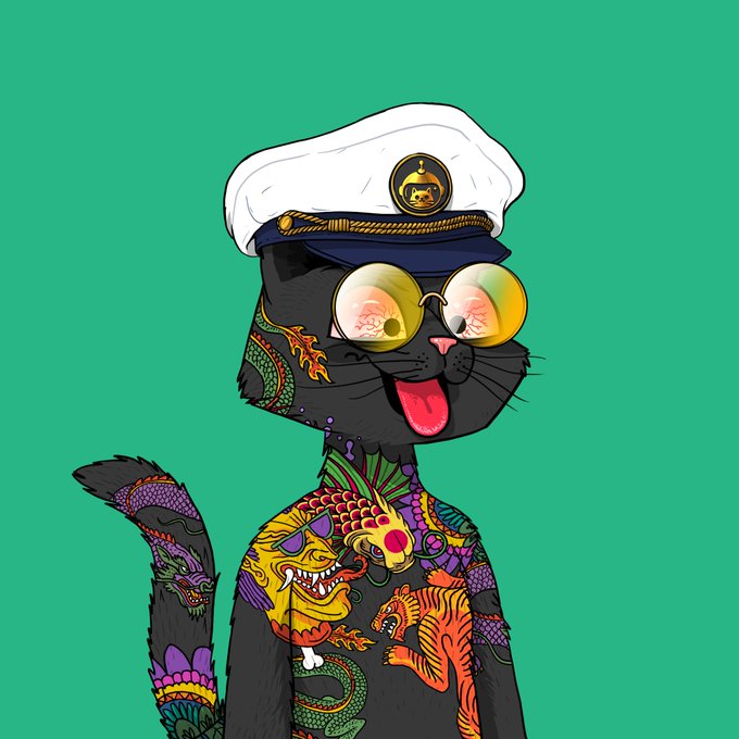 Digital artwork of a black cat wearing a white captain's hat with a skull emblem, yellow-tinted sunglasses, and colorful Japanese-style dragon and tiger tattoos on a green background.