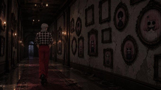 A white-haired person in a checkered sweater and red pants walks down a dimly lit gothic hallway lined with creepy framed portraits of doll-like figures with large black eyes.