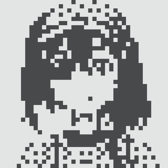A pixelated dark blue silhouette of a person on a white background, composed of blocky squares that appear to be falling away or scattering.