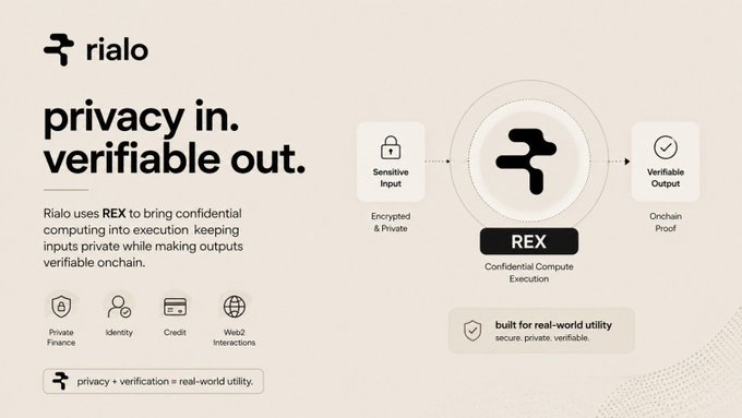 A promotional graphic for Rialo explaining 'privacy in. verifiable out.' showing their REX confidential compute execution system with sections for Sensitive Input, Confidential Compute Execution, and Verifiable Output, highlighting use cases like Private Finance, Identity, Credit, and Web3 Interactions.