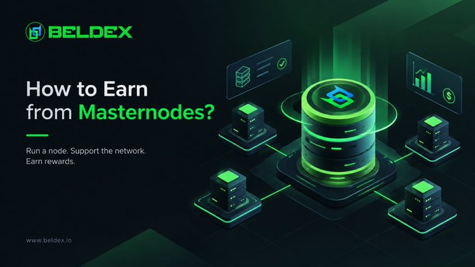 A promotional graphic for Beldex asks 'How to Earn from Masternodes?' with the tagline 'Run a node. Support the network. Earn rewards' alongside an illustration of a glowing green server network.