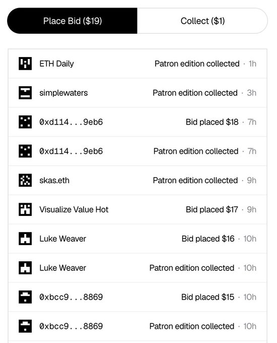 A screenshot of an NFT auction interface with tabs 'Place Bid ($19)' and 'Collect ($1)', listing recent bids and patron edition collections from users like 'ETH Daily', 'simplewaters', and 'Luke Weaver'.