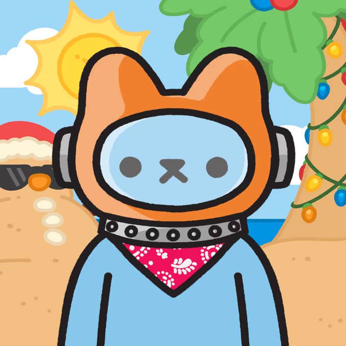 A cheerful cartoon illustration of a blue and orange cat-like character wearing headphones and a spiked collar, standing in a beach scene with a palm tree and sun.