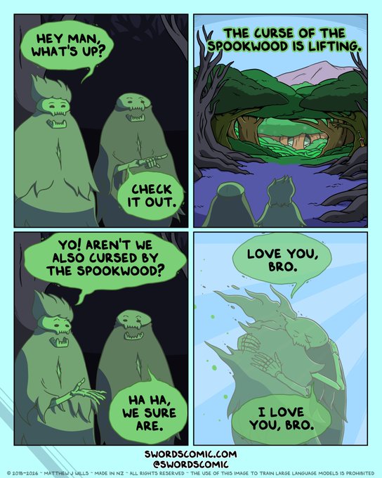 A four-panel comic strip by 'SWORDSCOMIC.COM' featuring two green monsters, where they discuss the 'Curse of the Spookwood' lifting and hug each other, with text including 'HEY MAN WHAT'S UP?', 'THE CURSE OF THE SPOOKWOOD IS LIFTING', and 'LOVE YOU, BRO.'