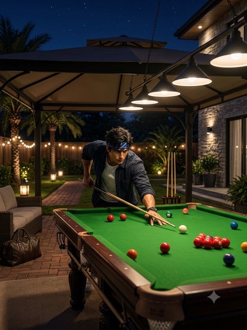A man in a blue shirt and bandana playing pool on an outdoor table at night under string lights and a gazebo.