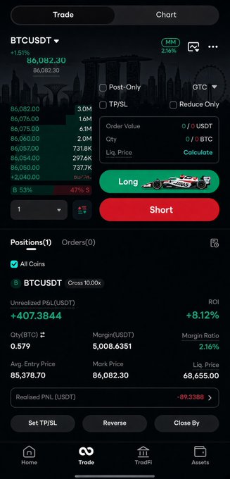 The image shows a cryptocurrency trading app interface displaying a BTC/USDT perpetual futures position with 10x leverage, showing an unrealized profit of +407.3844 USDT (+8.12% ROI) with a current price of 86,082.30. It serves as an example screenshot for a Token Week trading contest promotion where users submit their winning trades along with a UID and rationale.