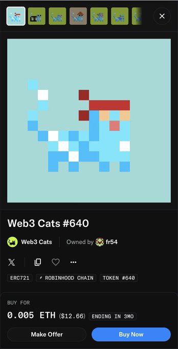 A Web3 Cats #640 NFT listing on Robinhood Chain, listed for 0.005 ETH with options to make an offer or buy now.