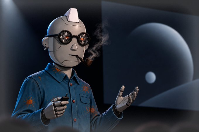 A robotic figure in a paint-splattered denim shirt smokes a pipe and gestures calmly while holding a drink, with a glowing celestial sphere in the background. The image evokes a cool, detached observation of the market—fitting the post's "while everyone is staring at BTC" vibe of quiet detachment amid $16b in BTC and ETH options expiry positioning.